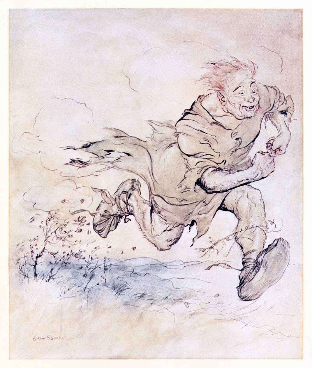 Het bonzen van zijn grote laarzen werd zo continu als het getik van hagelstenen op een dak, en de wind van zijn passage blies bomen omver, uit De kerel van de grauwe jas in Ierse sprookjes door Arthur Rackham
