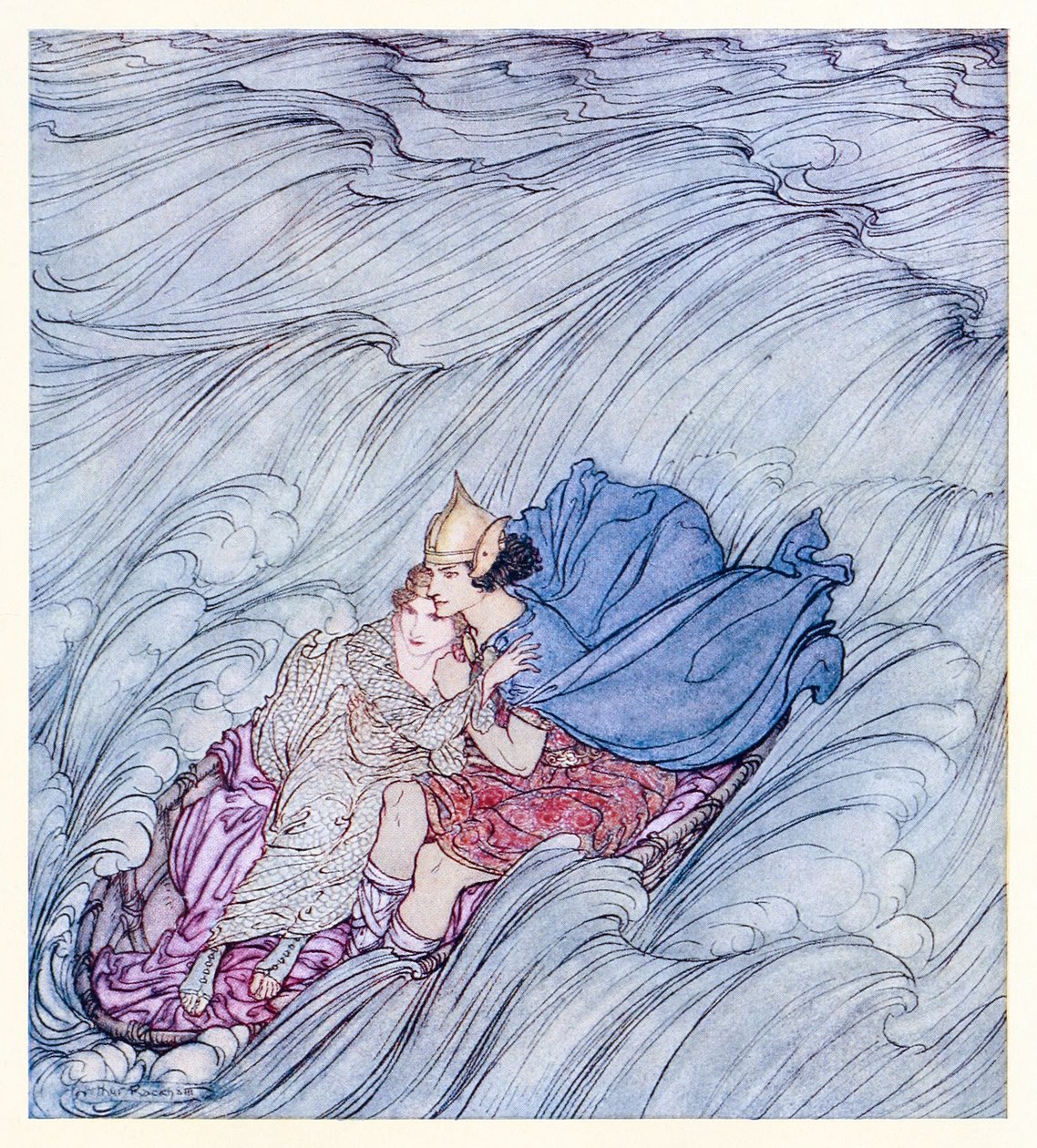 De golven van alle werelden leken langs hen te wervelen in één groot groen tapijt, uit Becuma van de witte huid in Ierse sprookjes door Arthur Rackham