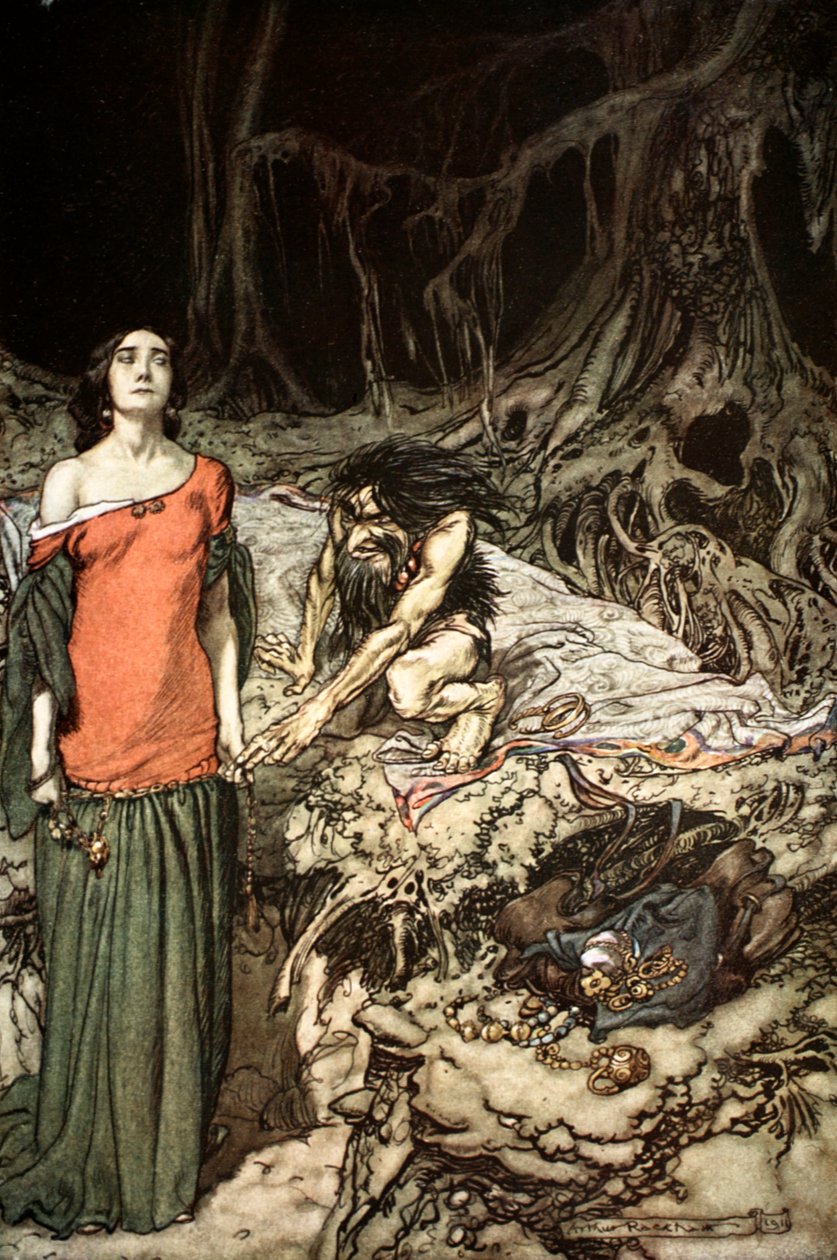 Het hof van Grimhilde, de moeder van Hagen door Arthur Rackham