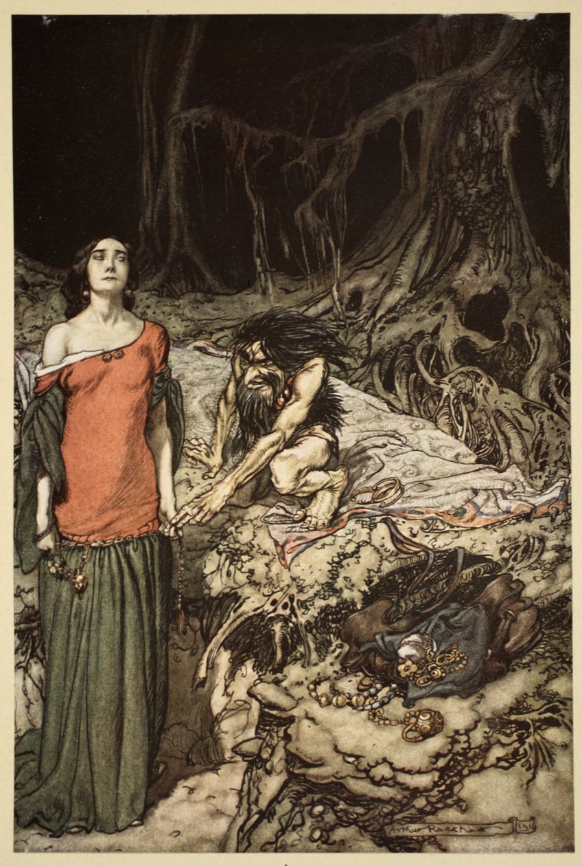 Het hofmaken van Grimhilde, de moeder van Hagen, uit 