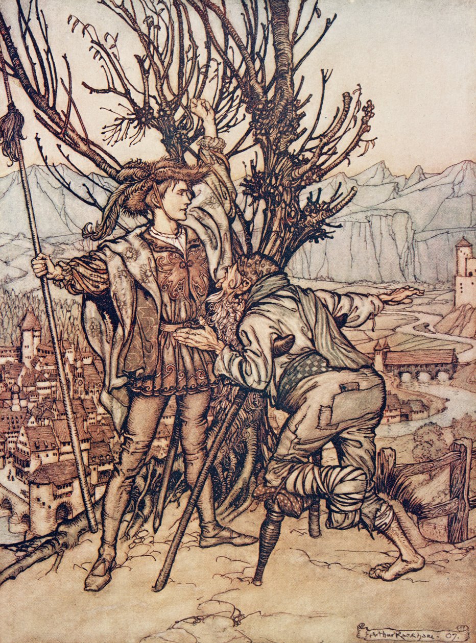 De jonge prins zei: Ik ben niet bang; ik ben vastbesloten om de mooie Doornroosje te zien, uit De Sprookjes van de Gebroeders Grimm, pub. 1909 door Arthur Rackham