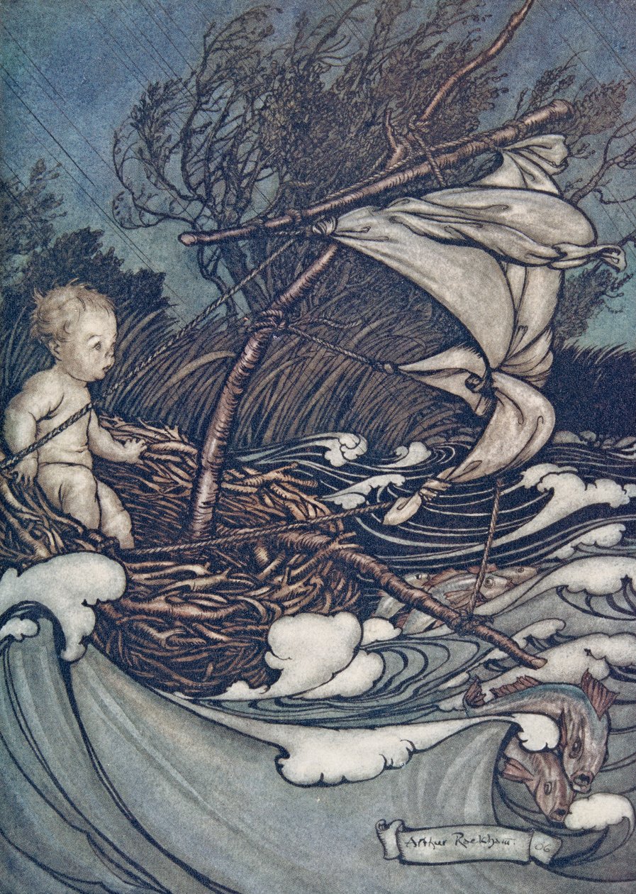 Er stak nu een machtige storm op en hij werd heen en weer geslingerd.., uit Peter Pan in Kensington Gardens door J M Barrie (1860 - 1937), pub. 1906 door Arthur Rackham