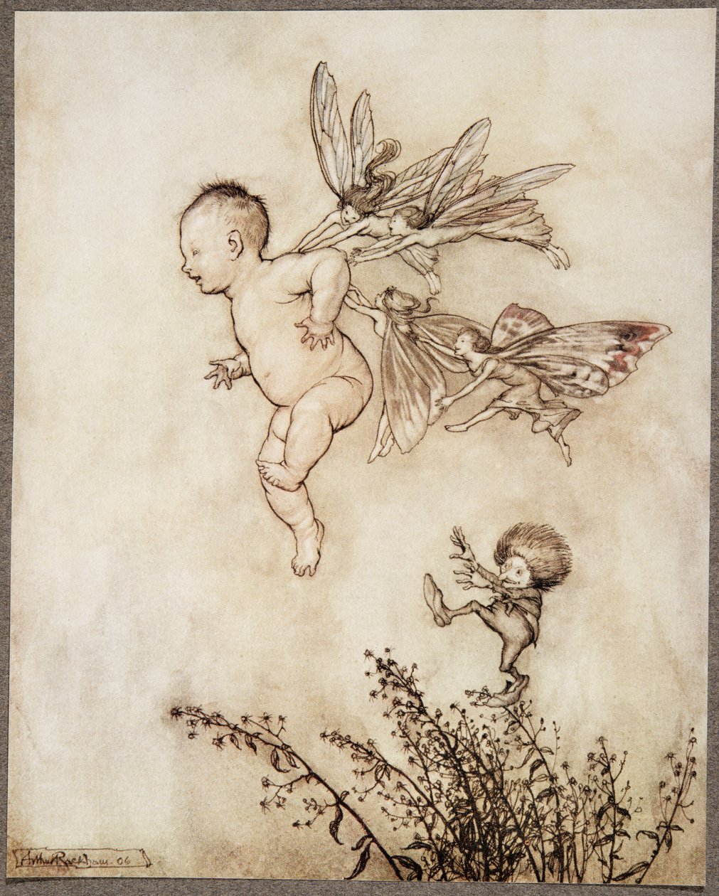 Ze kietelden hem allemaal op de schouder .., uit Peter Pan in Kensington Gardens door J M Barrie (1860 - 1937), pub. 1906 door Arthur Rackham