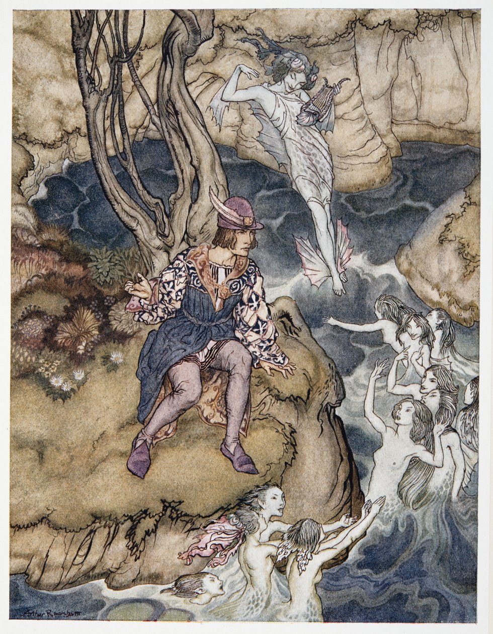 Deze muziek kroop langs mij over het water, illustratie uit William Shakespeares De Storm, uitgegeven 1926 door Arthur Rackham