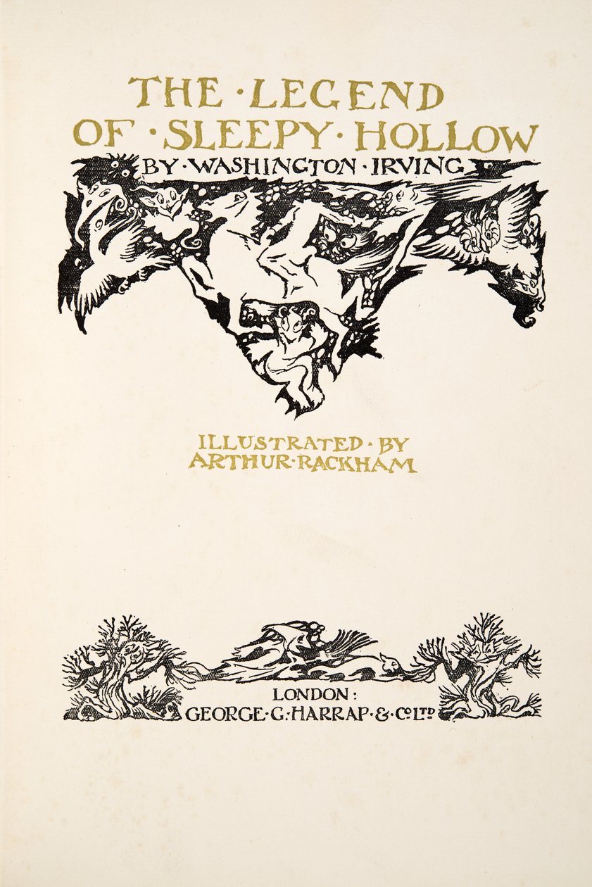 Titelpagina, uit De Legende van Sleepy Hollow door Washington Irving (1783 - 1859), pub. 1928 door Arthur Rackham