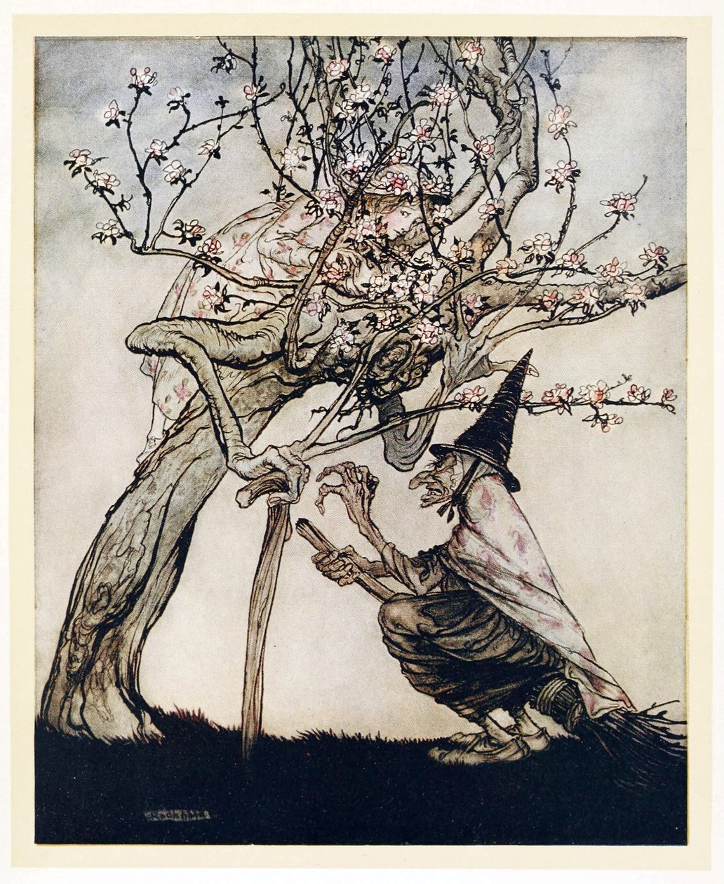 Boom van mij! O boom van mij! Heb je mijn stoute kleine meid gezien?, uit Engelse sprookjes, pub. 1922 door Arthur Rackham