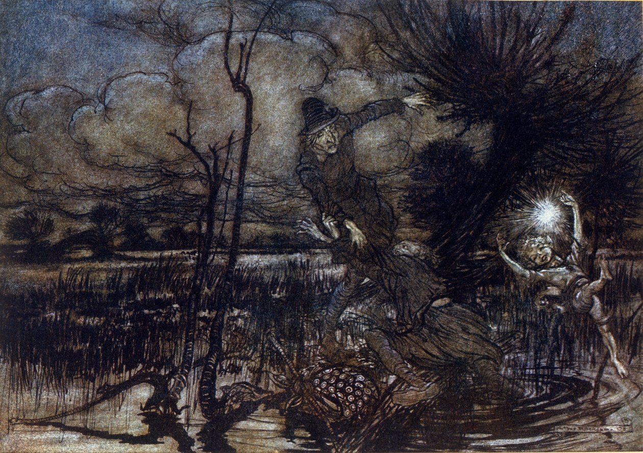 Twee personages verdrinken niet in het moeras, Puck helpt hen met een vuur. Illustratie door Arthur RACKHAM voor De Droom van een Zomernacht door William SHAKESPEARE door Arthur Rackham