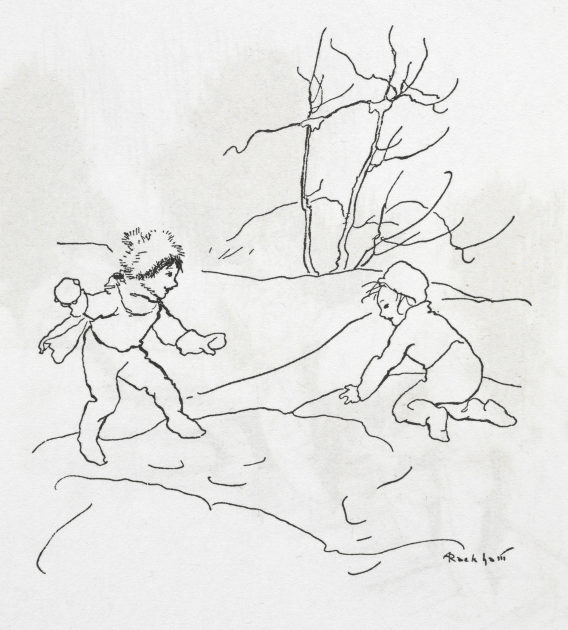 Twee kinderen die een sneeuwballengevecht houden door Arthur Rackham
