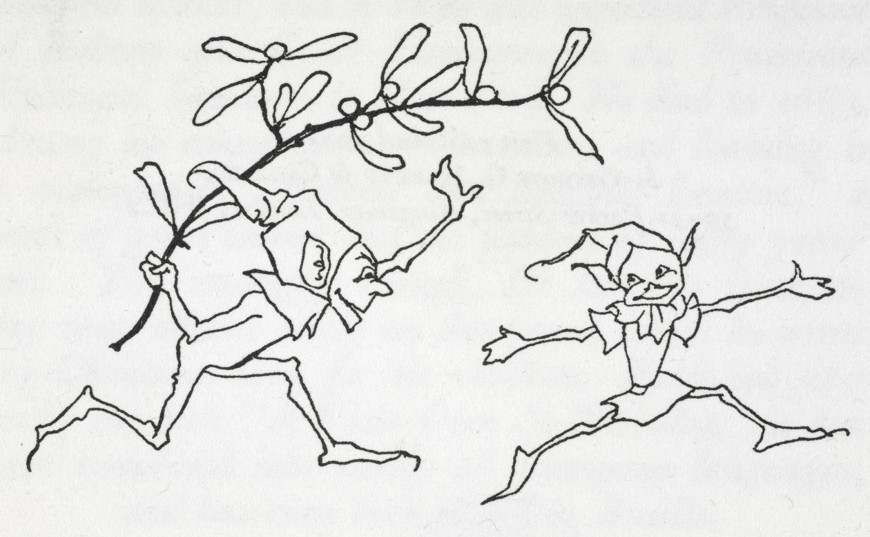 Twee elfen spelen, een draagt een takje maretak door Arthur Rackham