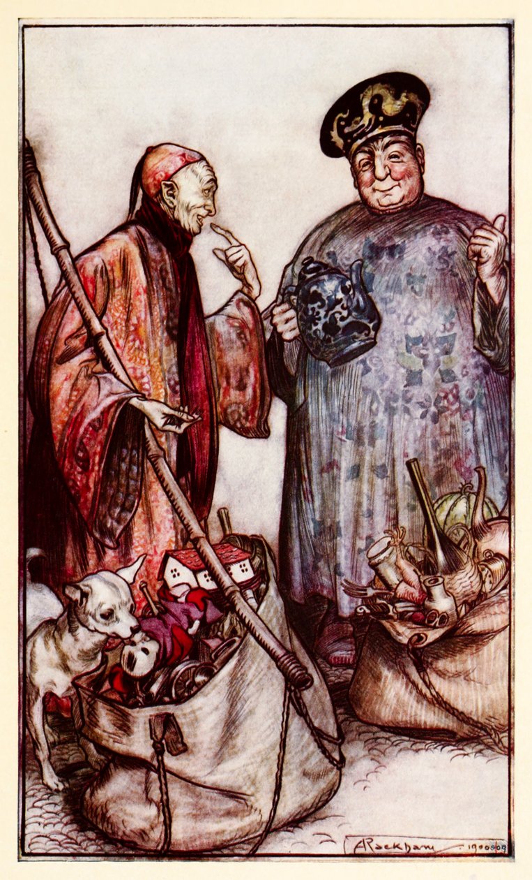 Twee van die wijzen... als kramers onder ons (zich uitdrukkend met dingen die ze bij zich dragen), uit Deel III: Een reis naar Laputa, Balnibarbi, Luggnagg, Glubbdubdrib en Japan in Gullivers Reizen door Arthur Rackham