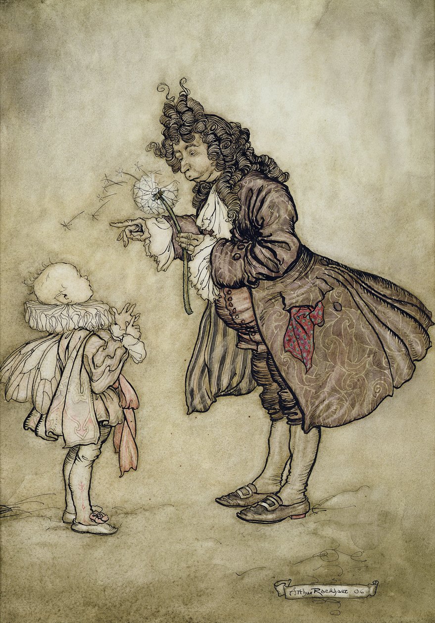 Wanneer Hare Majesteit de Tijd Wil Weten, uit Peter Pan in Kensington Gardens door J.M. Barrie, uitgegeven door Hodder and Stoughton, 1906 door Arthur Rackham