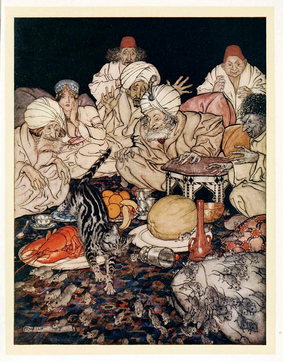 Toen Poes de ratten en muizen zag, wachtte ze niet om het te horen, uit Engelse sprookjes, uitgegeven in 1922 door Arthur Rackham
