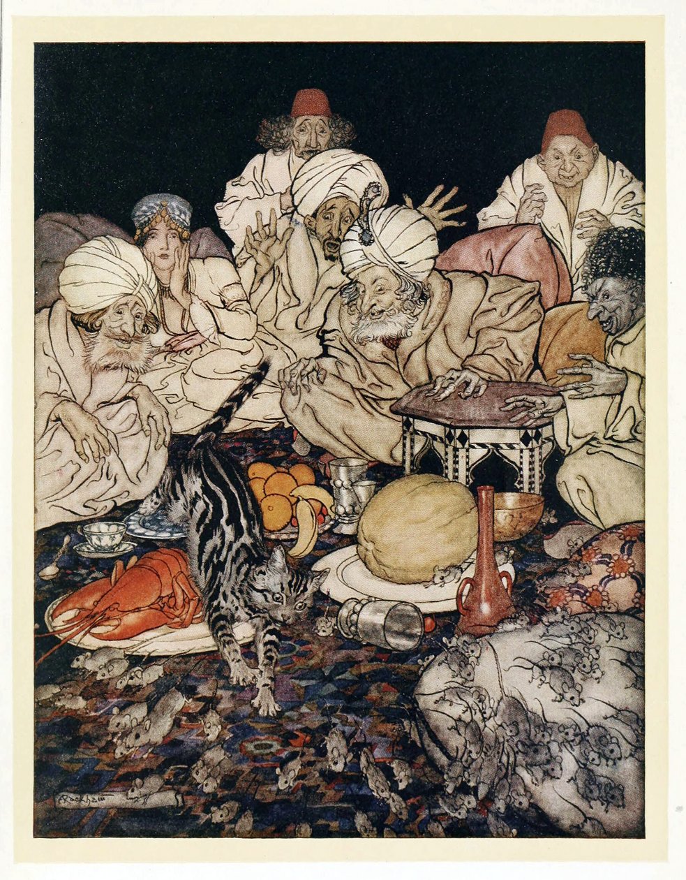 Toen Poes de ratten en muizen zag, wachtte ze niet om te worden verteld, uit Engelse sprookjes, pub. 1922 door Arthur Rackham