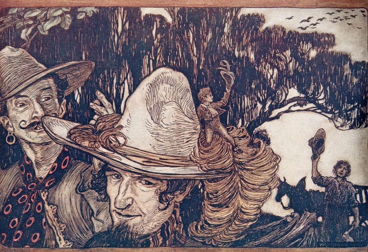 Toen Tom afscheid had genomen van zijn vader, gingen ze met hem mee, uit De Sprookjes van de Gebroeders Grimm, uitgegeven 1909 door Arthur Rackham