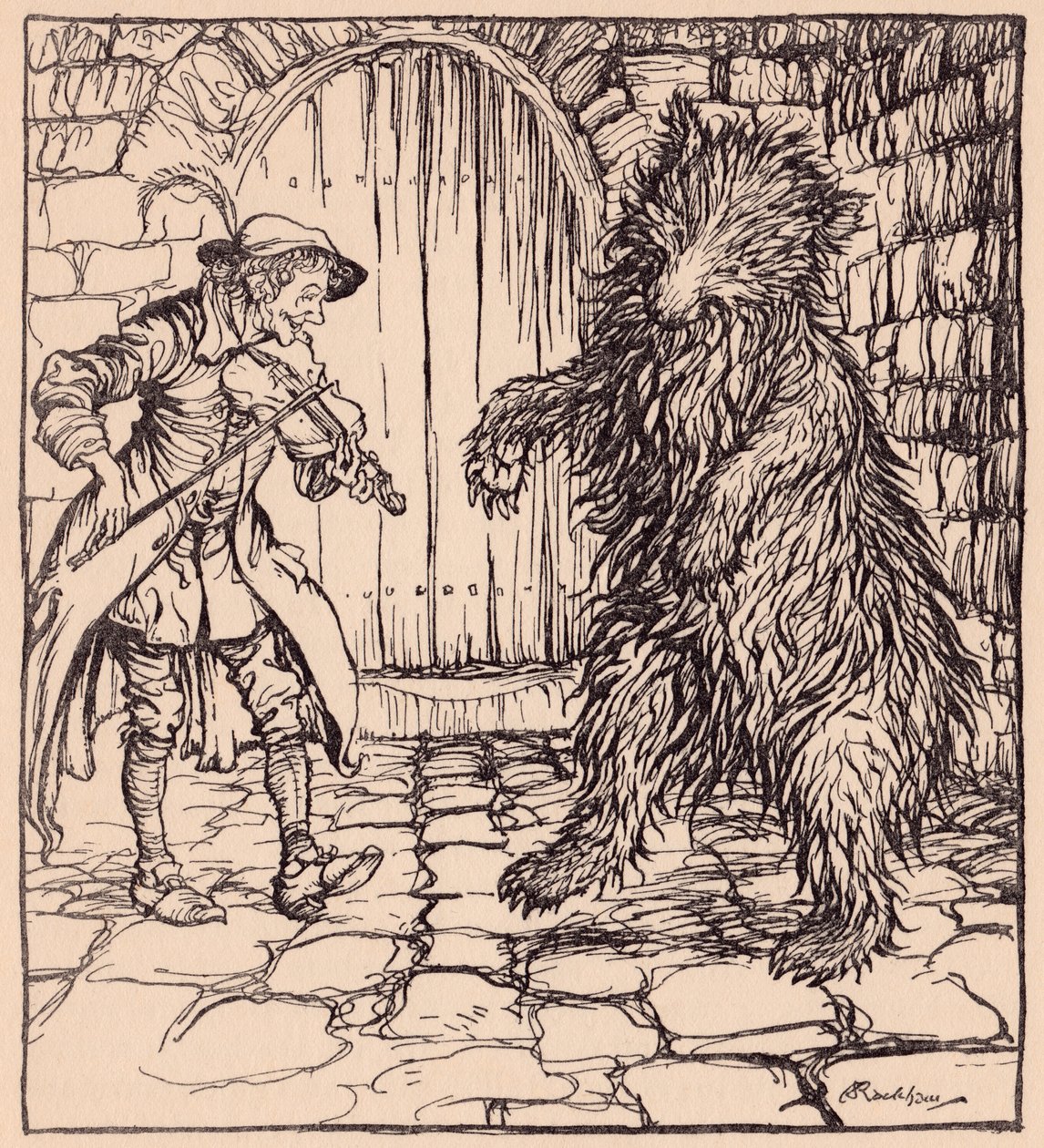 Toen de beer de muziek hoorde, kon hij niet anders dan beginnen te dansen. Illustratie door Arthur Rackham uit Grimm