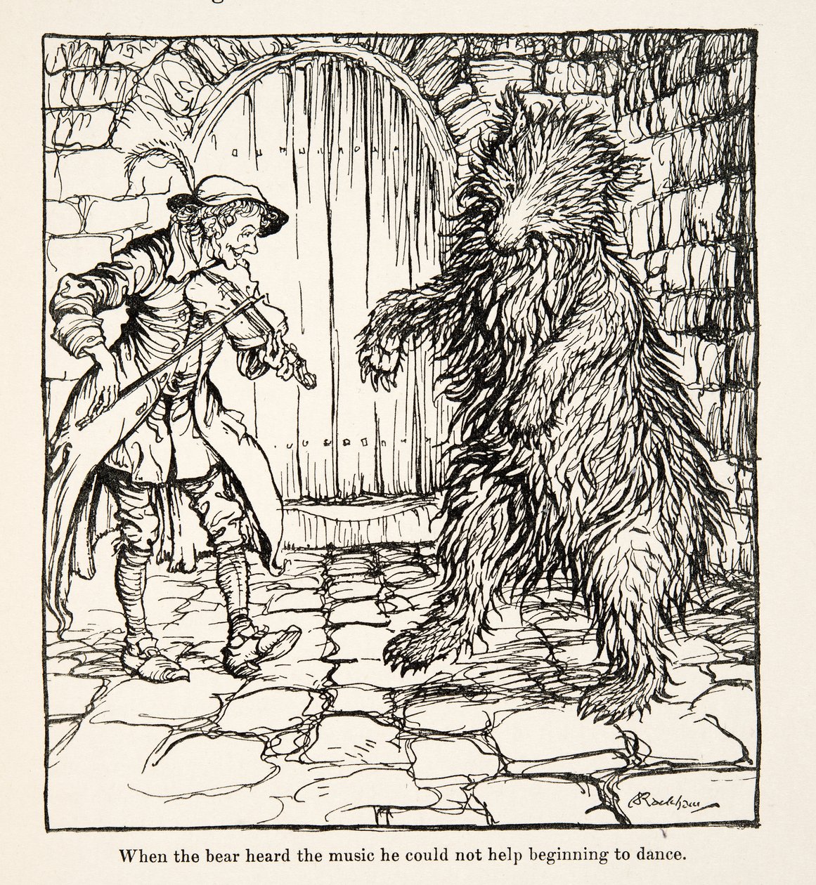 Toen de beer de muziek hoorde, kon hij niet anders dan beginnen te dansen, uit Kleine Broer & Kleine Zus en Andere Verhalen door de Gebroeders Grimm, uitgegeven 1917 door Arthur Rackham