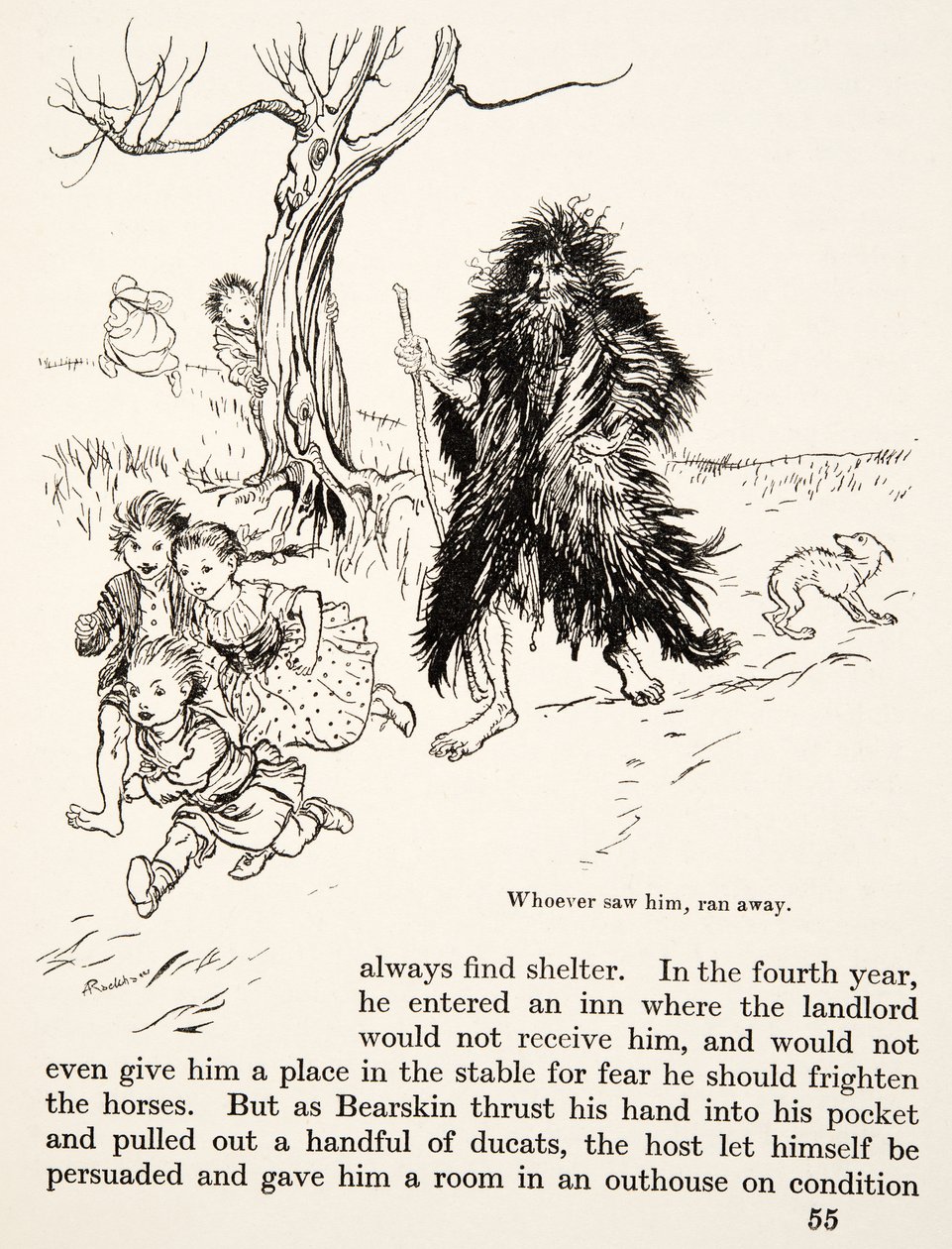 Wie hem zag, rende weg, uit Kleine Broer & Kleine Zus en andere verhalen door de Gebroeders Grimm, pub.1917 door Arthur Rackham