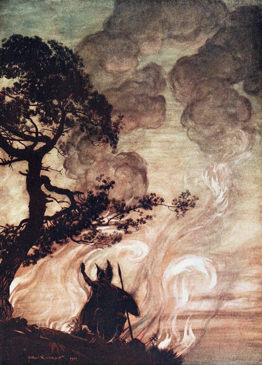 Wotan draait zich om en kijkt verdrietig terug naar Brünnhilde. Illustratie voor De Rijn en De Walkure door Arthur Rackham