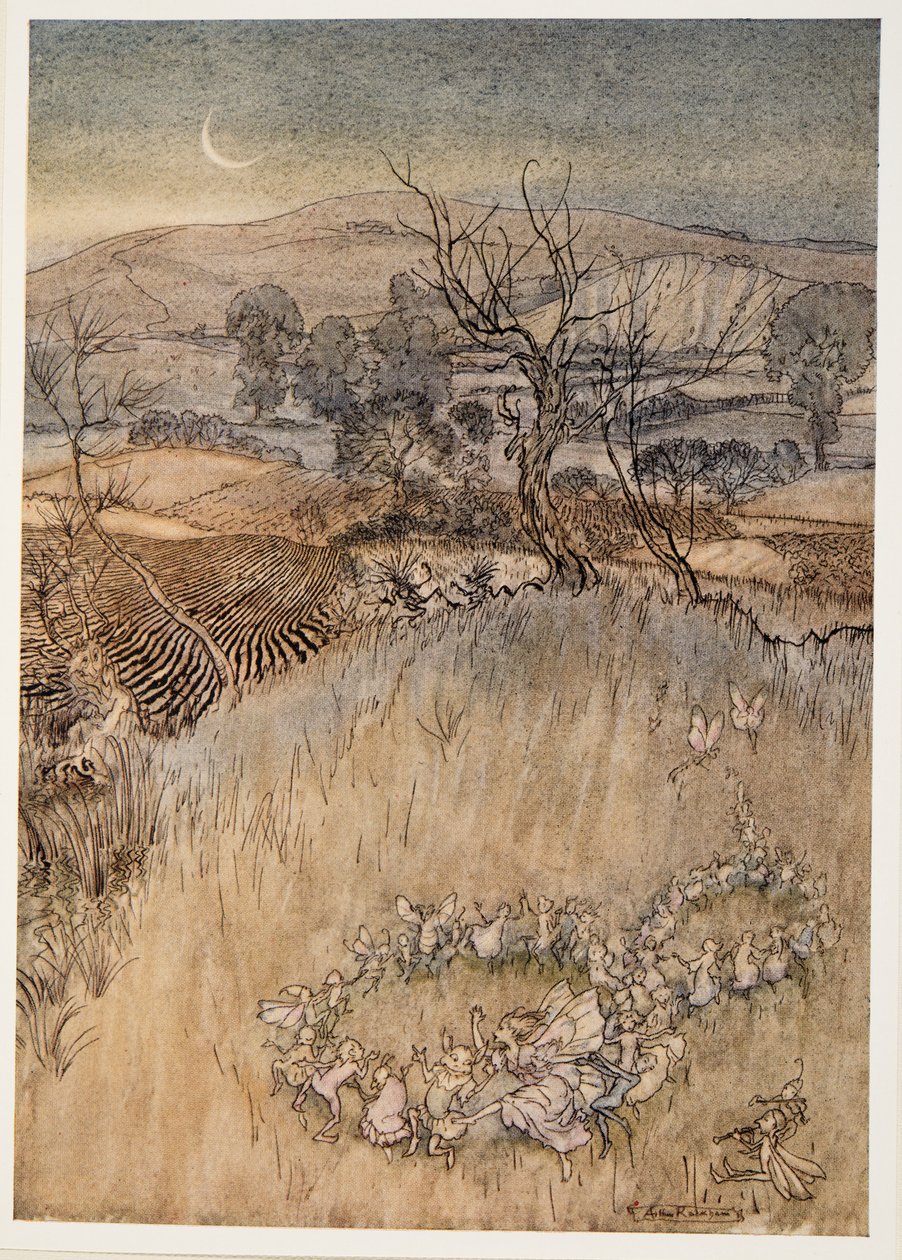 Jullie half-poppen die bij maanlicht de groene zure ringen maken, illustratie uit William Shakespeares De Storm, uitgegeven 1926 door Arthur Rackham