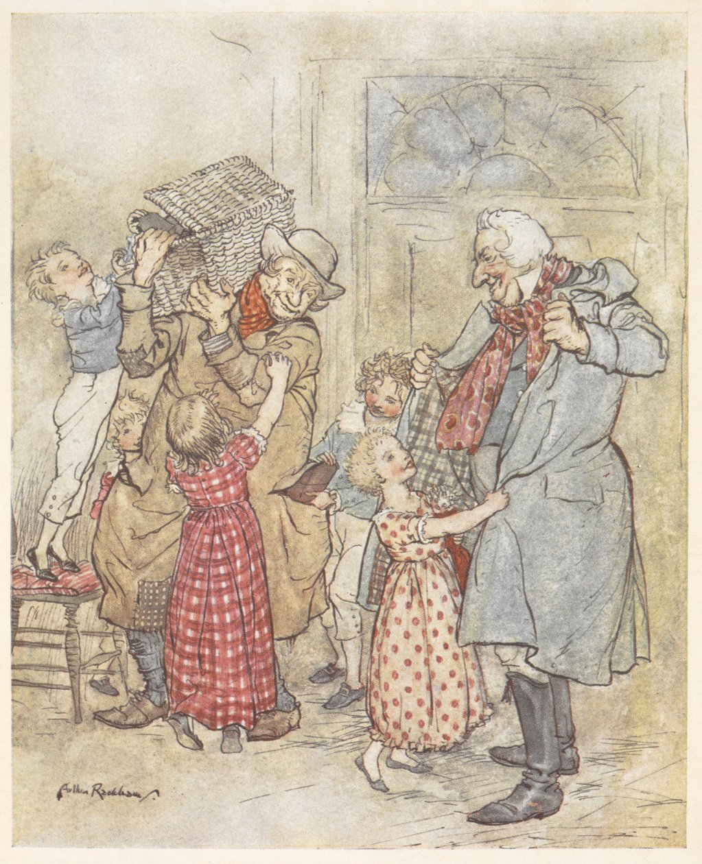 Jonge kinderen die twee oudere mannen helpen met hun jassen terwijl ze een huis binnenkomen met kerstcadeaus door Arthur Rackham