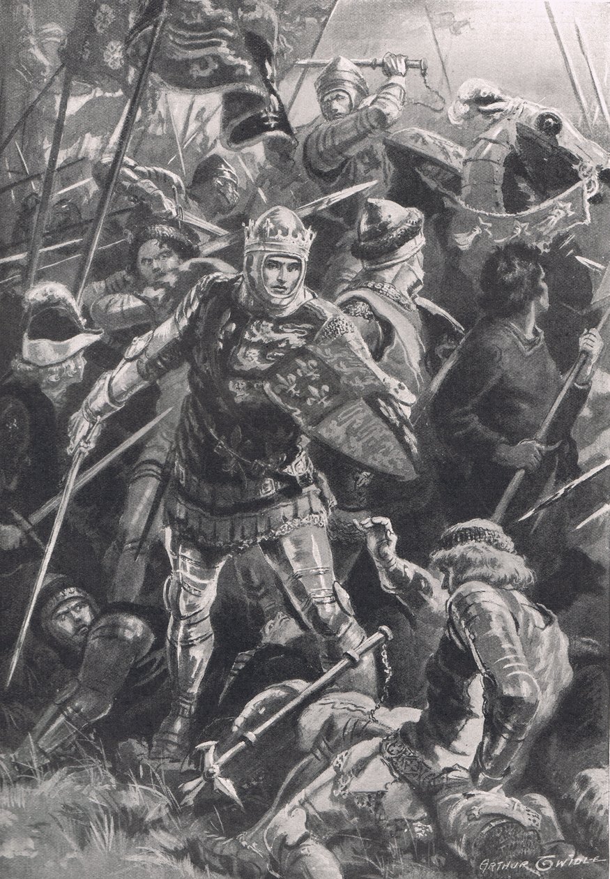 Hendrik V en de hertog van Alençon bij de Slag bij Agincourt, 25 oktober 1415, illustratie uit 