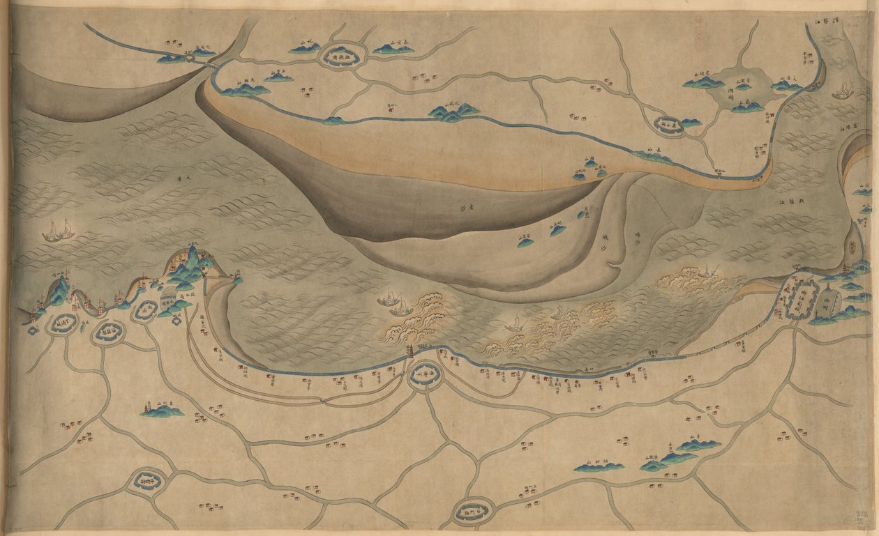 120.000. geleverd. Georiënteerd met het noorden naar de onderkant. Reliëf picturaal weergegeven. Picturale kaart. Hummel aankoop 1930, nr. 34. Toont gebied langs de Qiantang-rivier, vooral het gedeelte van de Hangzhou-baai in de provincie Zhejiang. Ook bes door Arthur W. Hummel