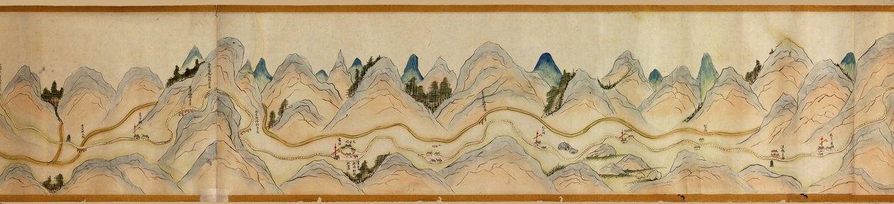 16.000. geleverd. Georiënteerd met het noorden naar rechts. Reliëf picturaal weergegeven. Vogelvlucht. Beslaat Wei-rivier in Baoji Xian, Shanxi Sheng tot Shu Dao in Shanxi-Sichuan grens. Toont nederzettingen, rustplaatsen, stations, herbergen, tempels, ber door Arthur W. Hummel