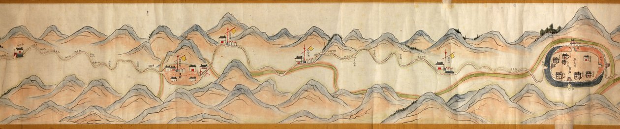 16.000 geleverd. Georiënteerd met het noorden naar rechts. Reliëf getoond in vogelvlucht. Bevat Wei-rivier in Baoji Xian, Shanxi Sheng tot Shu Dao in Shanxi-Sichuan grens. Toont nederzettingen, rustplaatsen, stations, herbergen, tempels, bergpassen, muren door Arthur W. Hummel