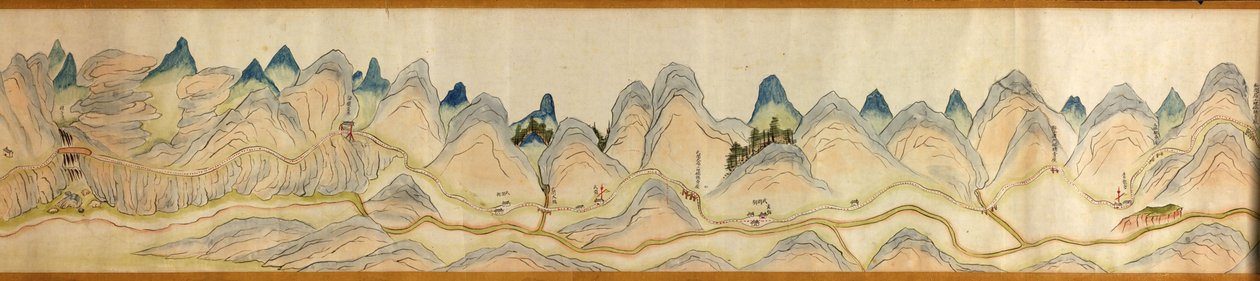 16.000. geleverd. Georiënteerd met het noorden naar rechts. Reliëf getoond picturaal. Beslaat Wei-rivier in Baoji Xian, Shanxi Sheng tot Shu Dao in Shanxi-Sichuan grens. Toont nederzettingen, rustplaatsen, stations, herbergen, tempels, bergpassen, muren door Arthur W. Hummel