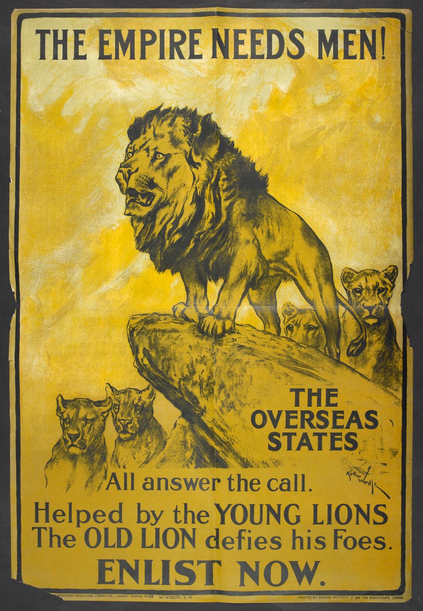 Het rijk heeft mannen nodig! Een wervingsposter gericht op de Britse koloniën. door Arthur Wardle