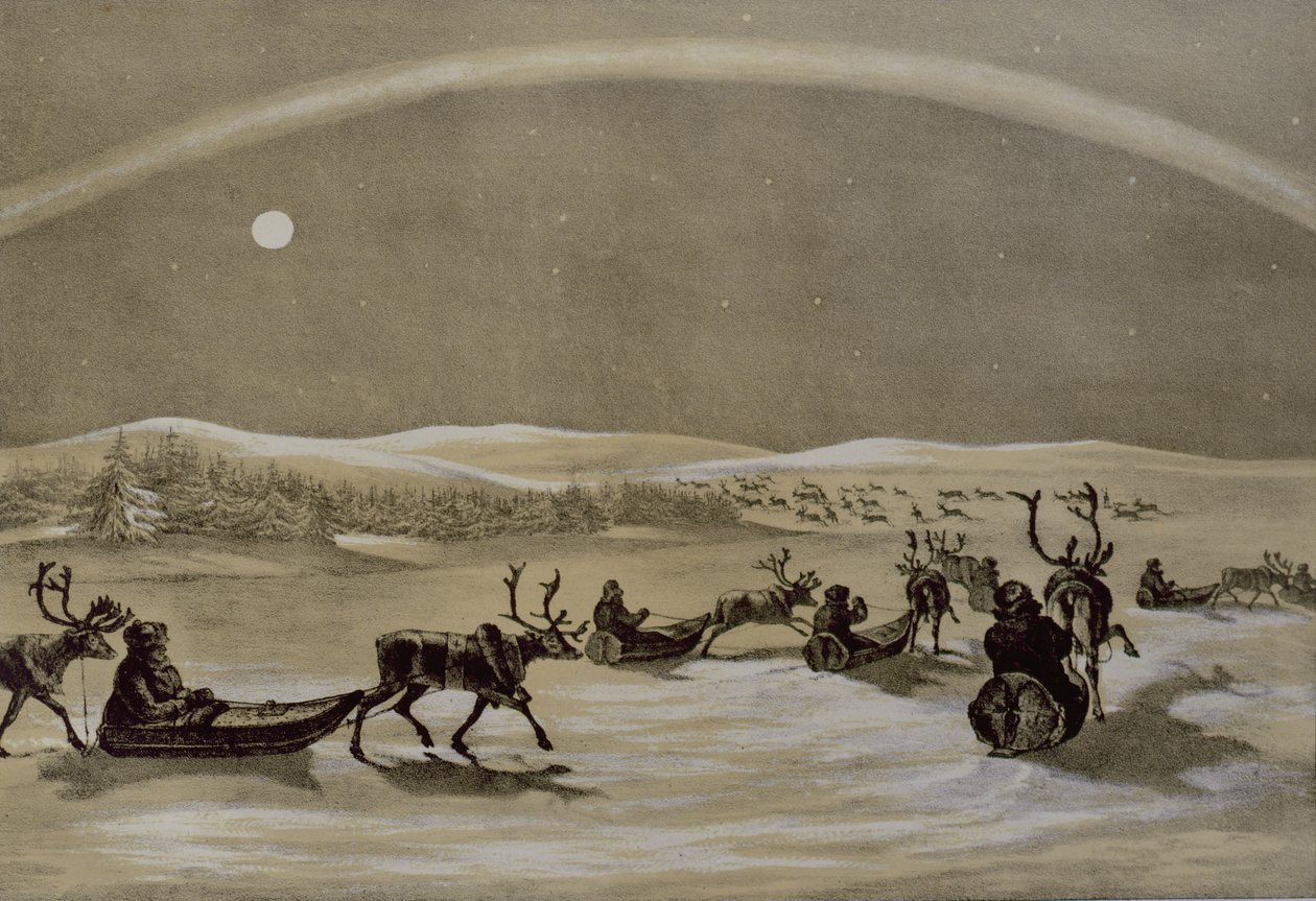 Een bijzondere verschijning van het noorderlicht boven een kudde rendieren van een Laplander die de Jerdis Javri oversteekt, uit Winter Sketches in Lapland, gegraveerd door James Duffield Harding (1798-1863) 1825 door Arthur de Capell Brooke