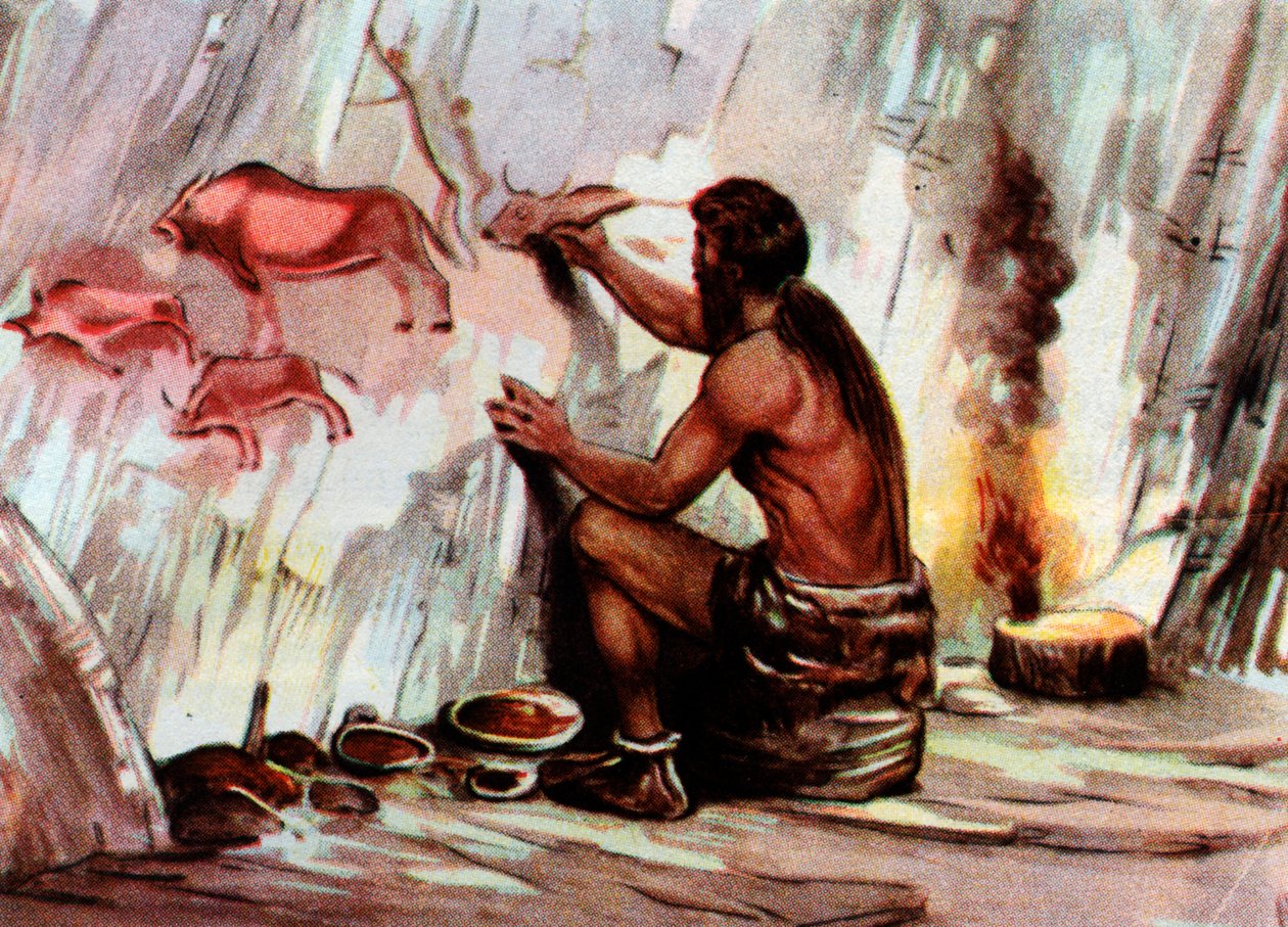 Een Homo Sapiens-schilderij in een grot, uit 