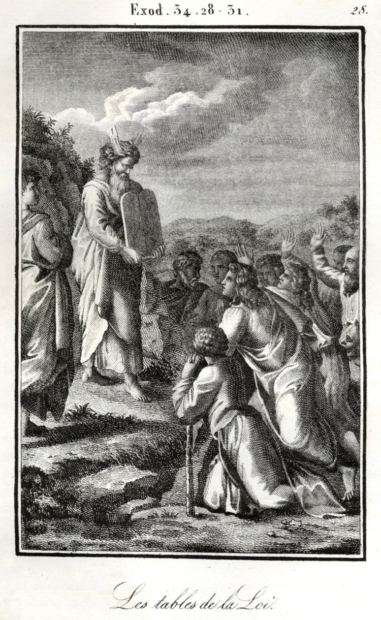 Bijbel, Mozes toont de twee tafelen met de tien geboden (gravure) door Artist Unknown
