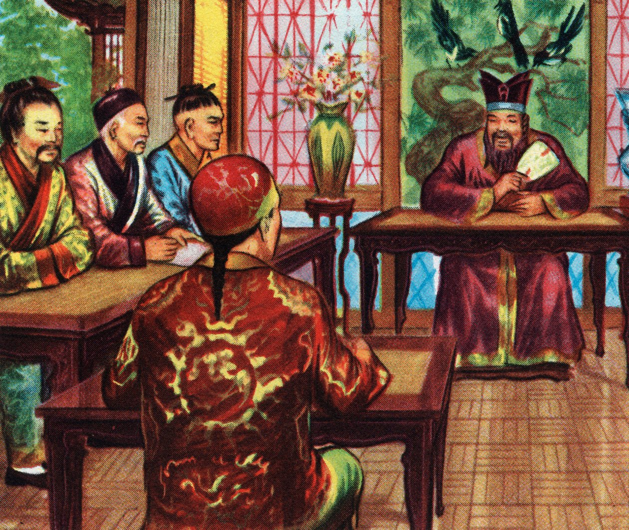 Confucius, of Kong Fu Zi, met zijn leerlingen (afdruk) door Artist Unknown