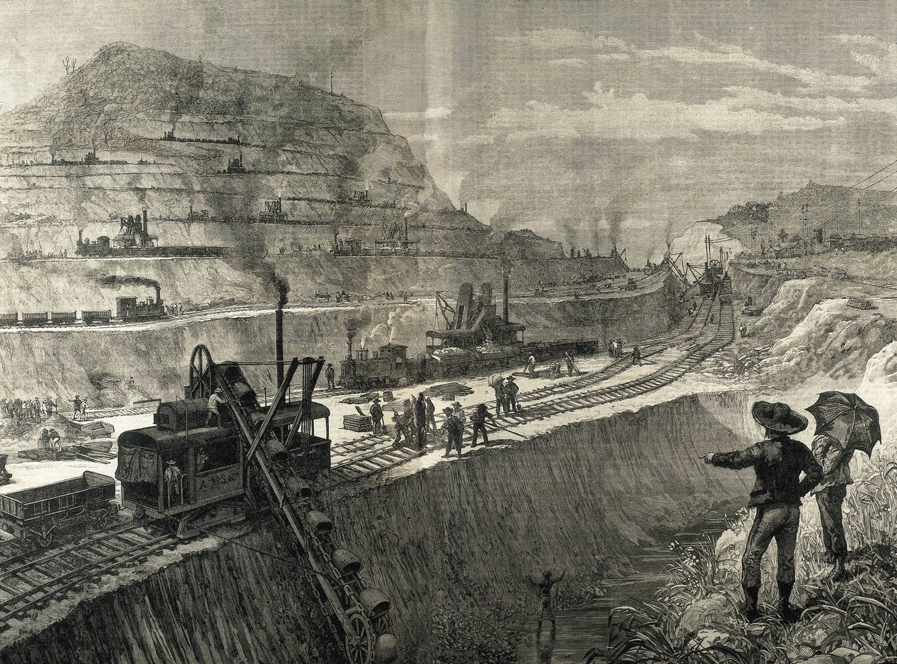 Bouw van het Panamakanaal. Baggerwerkzaamheden in het dorp Culebra. Originele tekening door Meltor Prior. Afbeelding gepubliceerd in 