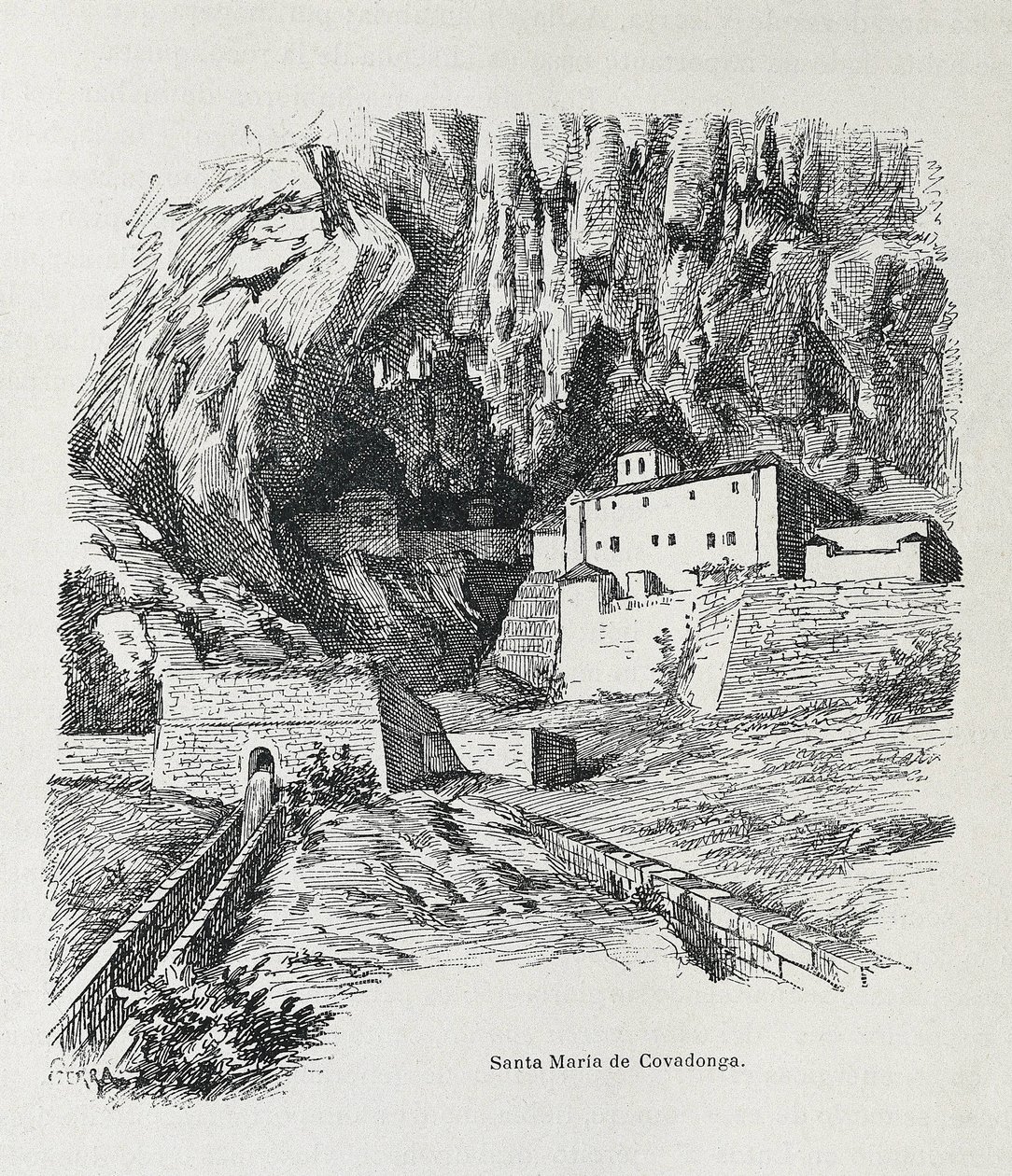 Covadonga. Hermitage van Santa Maria. Gravure. SPANJE. ARAGON. Zaragoza. Algemene Militaire Academie door Artist Unknown