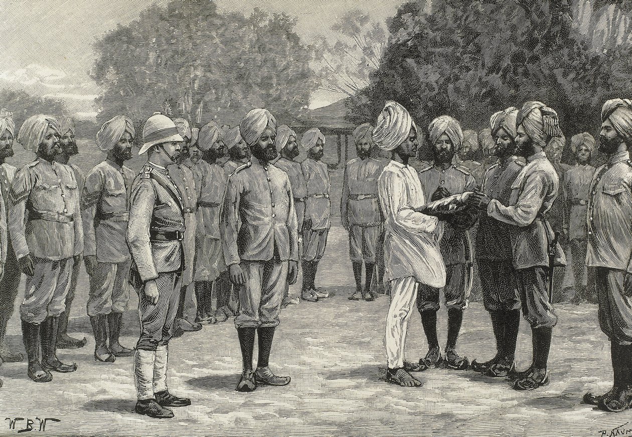 Engeland (19e eeuw). Kolonisatie. India. De nieuwe regimenten van Birma. Eedaflegging aan nieuwe rekruten. Gravure. Privécollectie door Artist Unknown