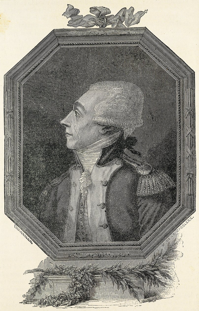 Lafayette, Marie Joseph Gilbert Motie Motier, Markies van (1757-1834). Franse aristocraat en militair, van liberale ideologie. Ets door Artist Unknown