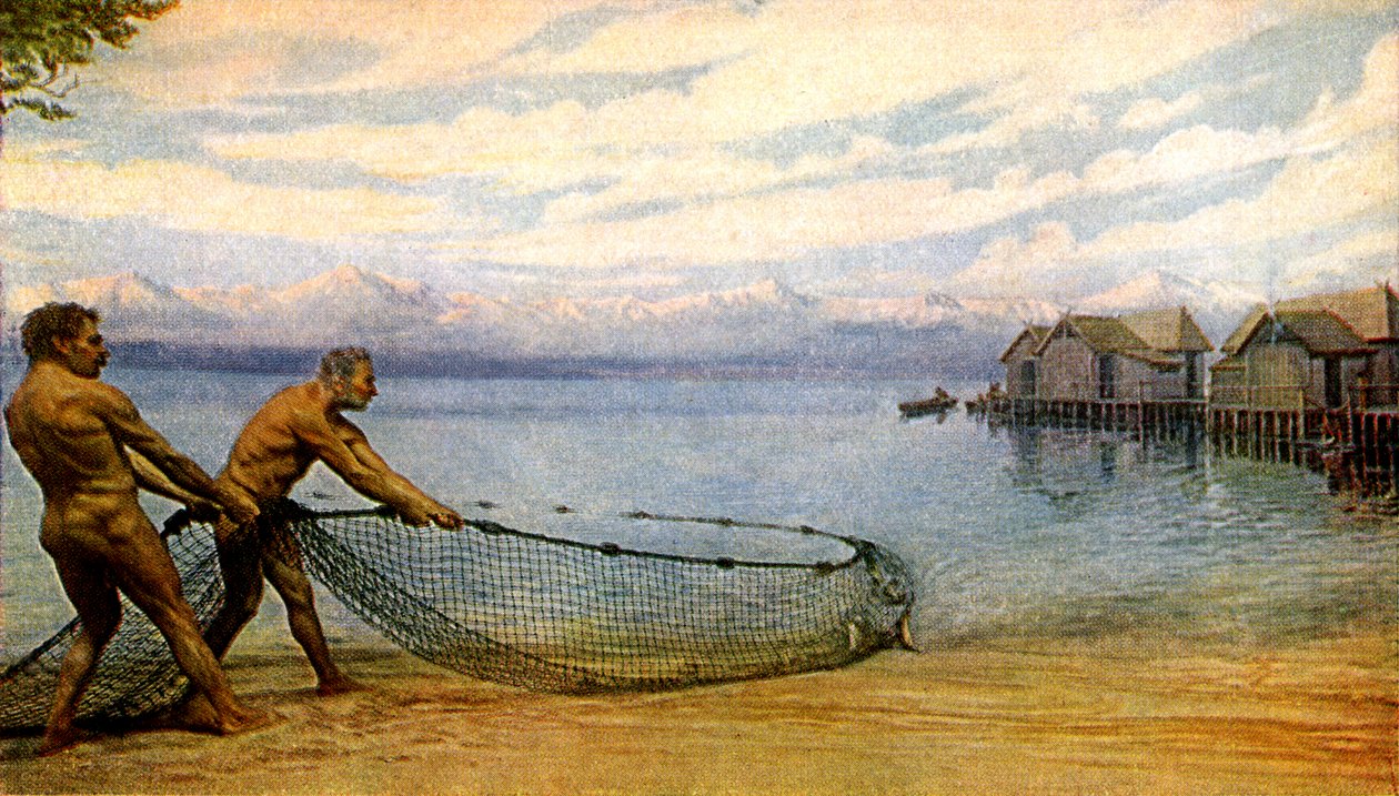 Vissende meerbewoners, prehistorische mens (print) door Artist Unknown