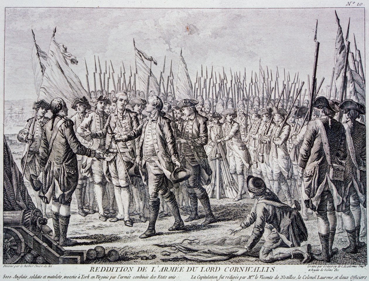Lord Corwallis overgave van het Britse leger bij Yorktown (gravure) door Artist Unknown