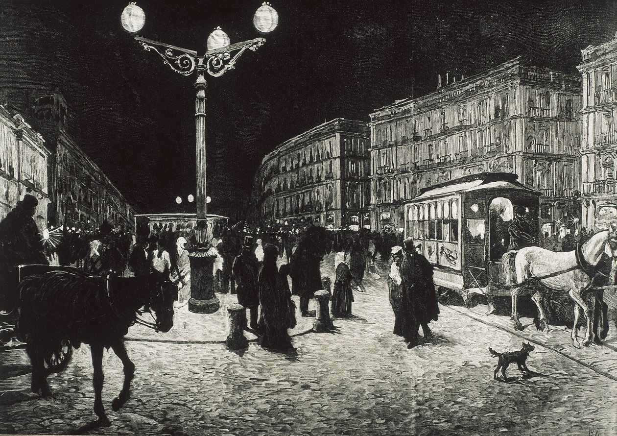 Madrid (1878). De Puerta del Sol verlicht met elektrisch licht. Afbeelding naar een tekening van Pellicer voor "La Ilustracion Espanola y Americana". Ets. door Artist Unknown