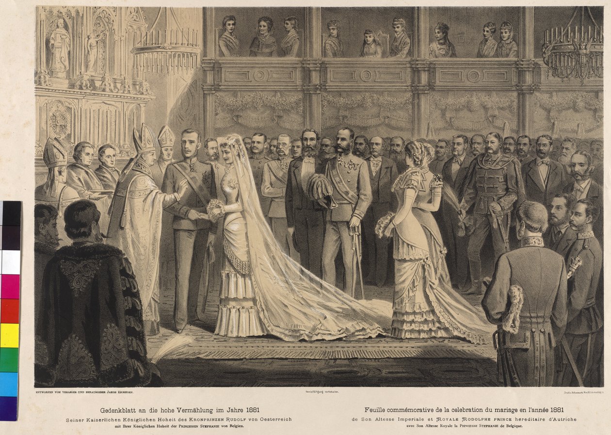Huwelijksceremonie van kroonprins Rudolf met prinses Stephanie van België door Artist Unknown