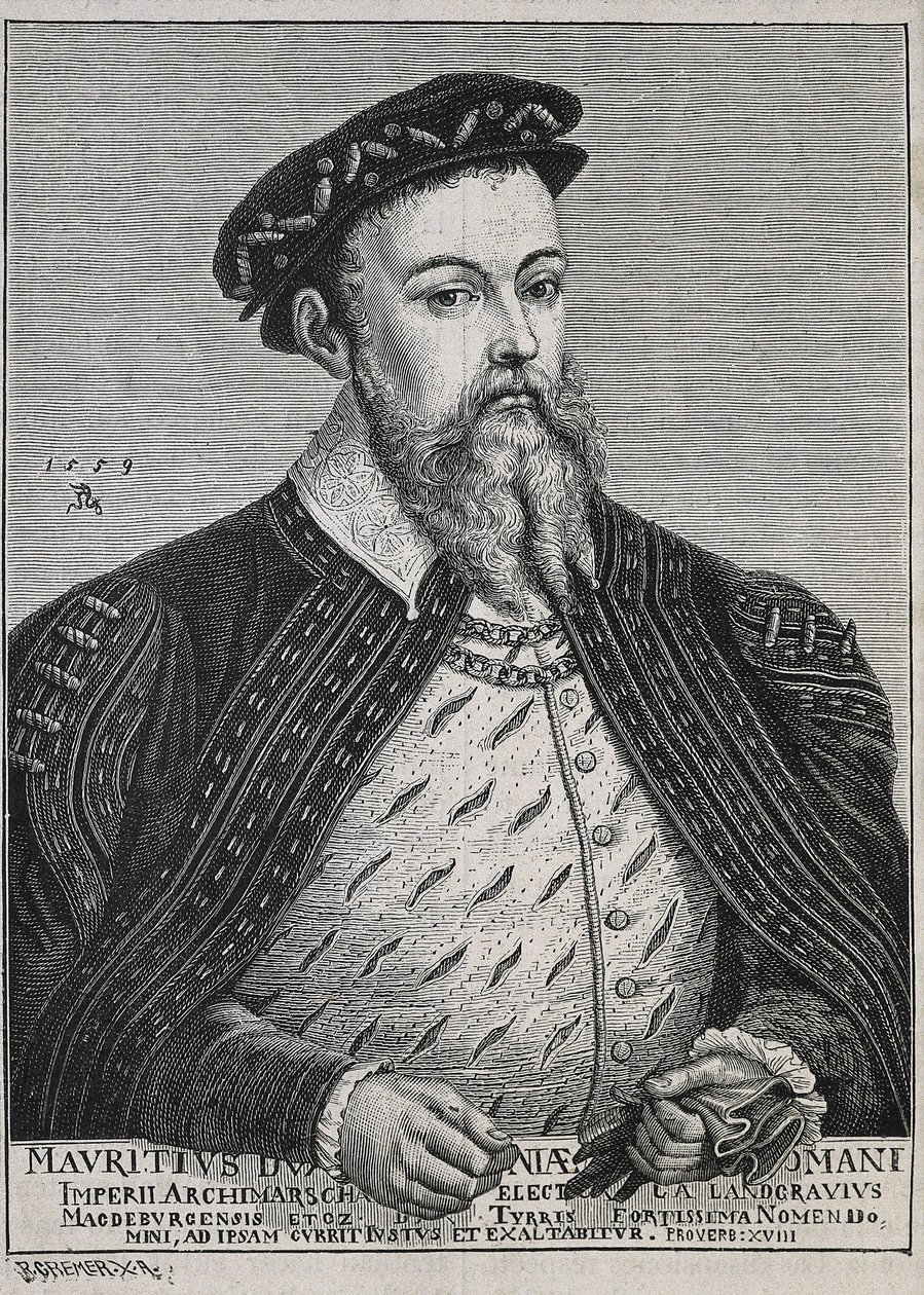 Maurits van Saksen (1521-1553). Hertog (1541-47) en later keurvorst (1547-53) van Saksen. Protestant sinds 1539. Portret gebaseerd op een schilderij van Lucas Cranach. Gravure door Artist Unknown