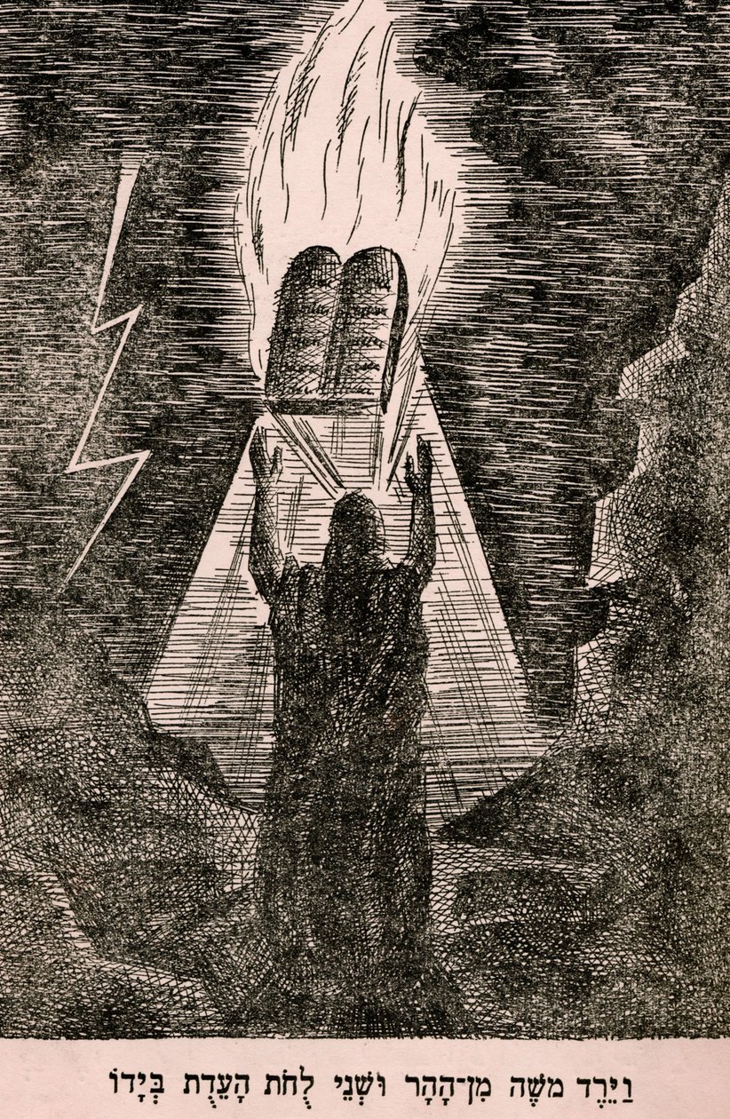 Mozes neerdalend van de berg Sinaï (print) door Artist Unknown