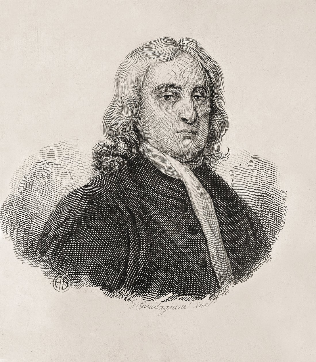 Newton, Sir Isaac (1642-1727). Engels wiskundige, natuurkundige en astronoom.; GUADAGNINI, Gaetano (1800-1860). Italiaanse graveur. Portret van Isaac Newton, werk van Gaetano Guadagnini. Gravure. ITALIË. LOMBARDIJE. Milaan. Civica Raccolta delle Stampe door Artist Unknown
