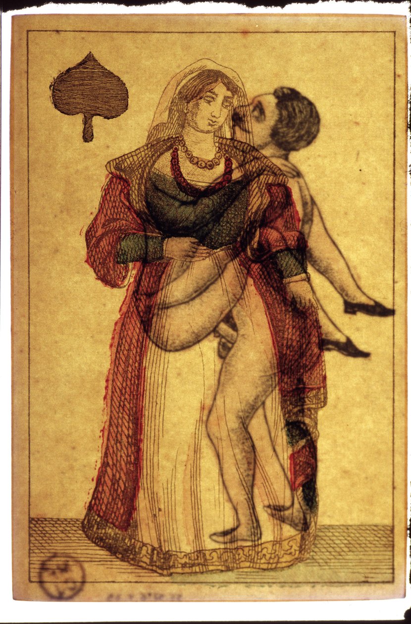 Oude speelkaarten: erotische scène. Musée de la Carte à Plouer, Issy-les-Moulineaux. door Artist Unknown