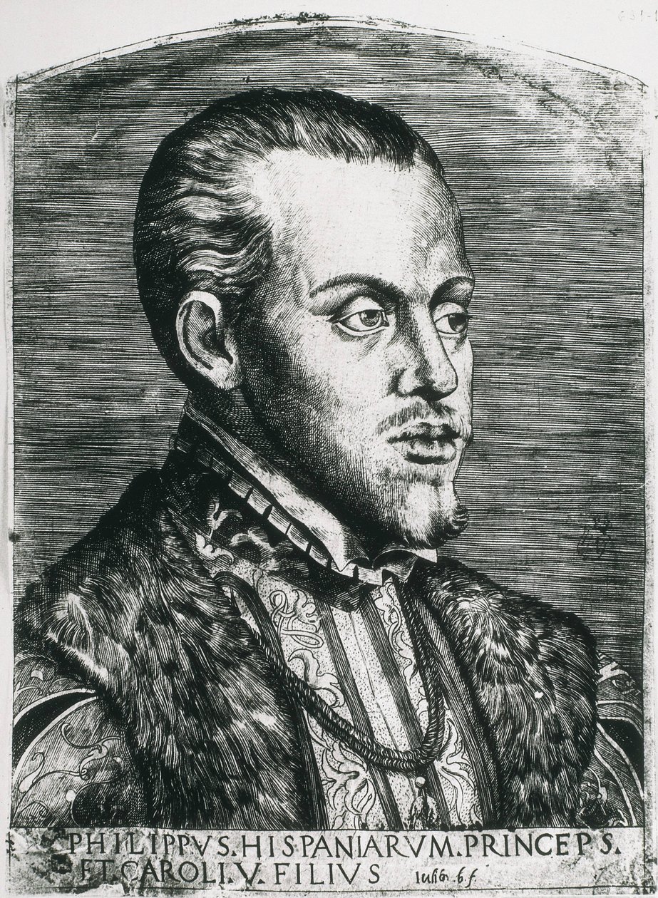 PHILIPS II van Spanje (1527-1598). Koning van Spanje (1556-1598) en Portugal (1580-1598). Portret van Philips nog als prins. Houtsnede. door Artist Unknown