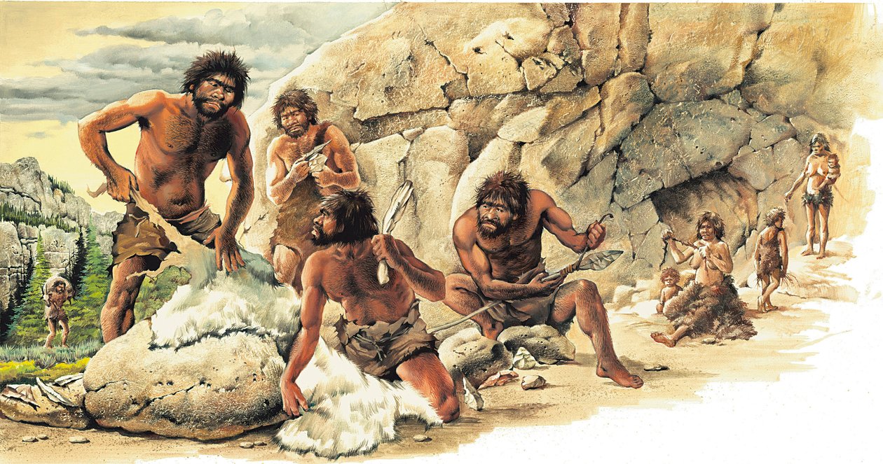 Prehistorie Paleolithicum: Jagers gebruiken de huid van gedode betes en maken gereedschap en wapens (speer). door Artist Unknown