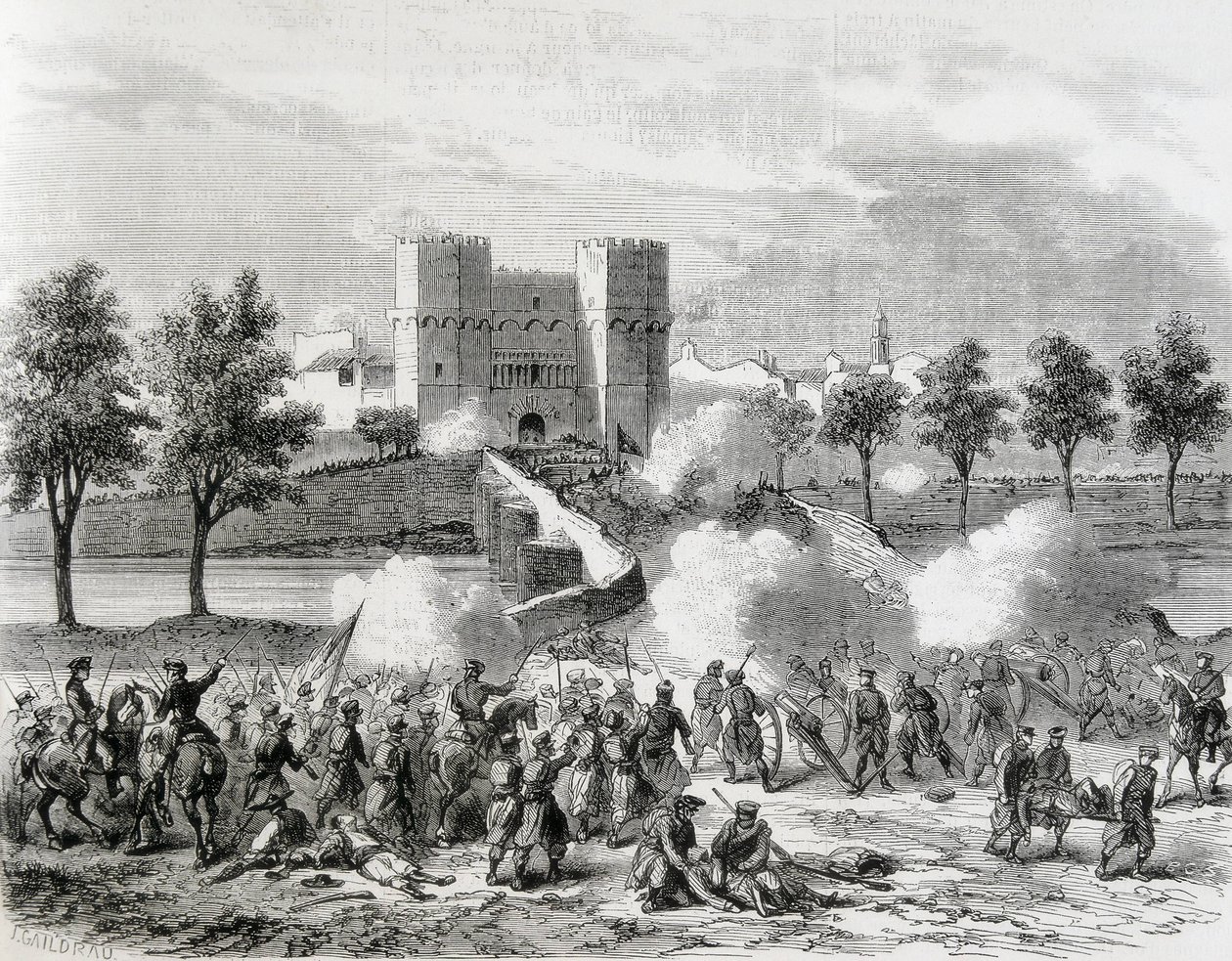 Spanje (1868). Glorieuze Revolutie. Aanval van de regeringstroepen bij de Serrans-poort in Valencia. Gravure uit 