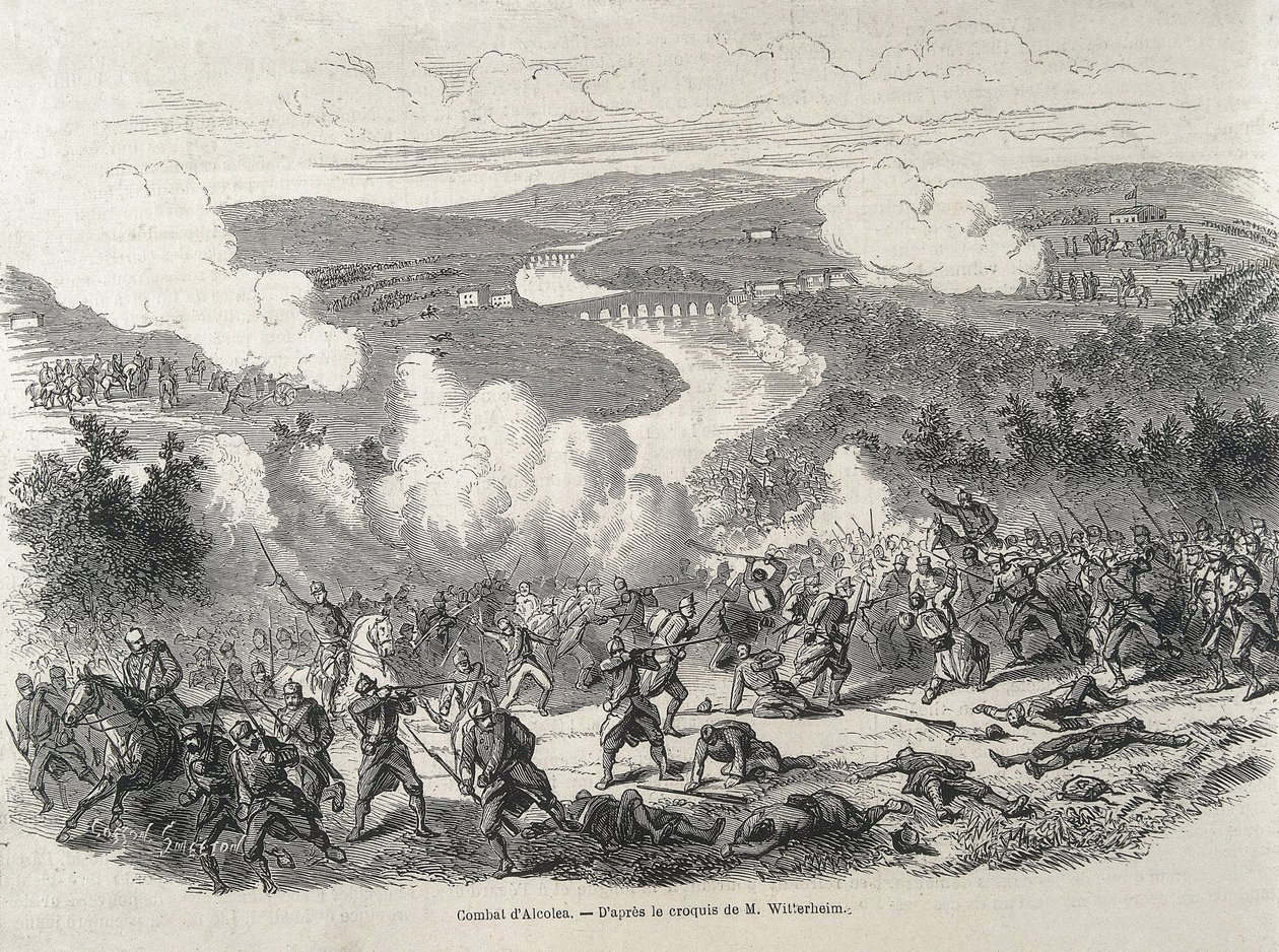 Spanje. Revolutie van 1868. Slag bij Alcolea (20 september), die culmineerde in de afzetting van Isabel II. Gravure door Artist Unknown